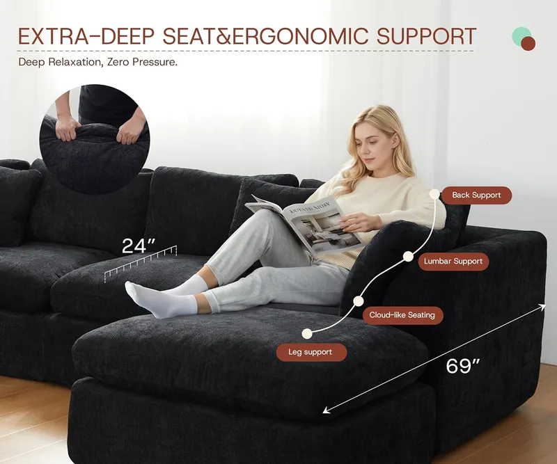GRUSIGN 110” Oversized Cloud Sectional Boneless Couch