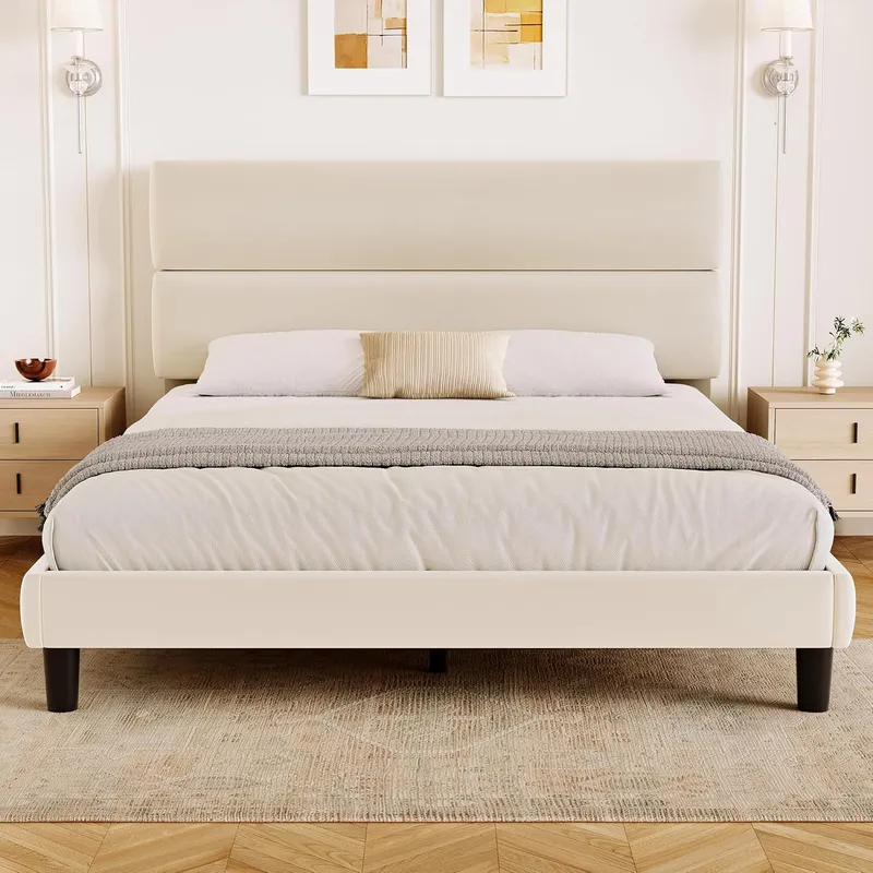 GRUSIGN Queen Size Platform Bed Frame with Velvet Headboard
