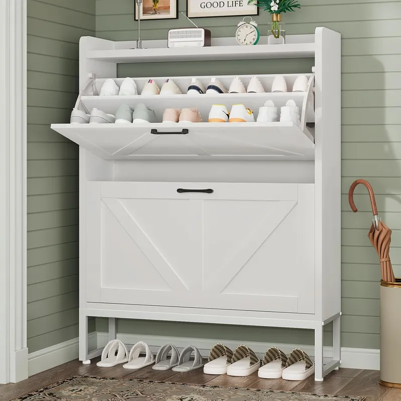 GRUSIGN Shoe Cabinet, Shoe Storage Cabinet with 2 Flip Drawers & Adjustable Shelf